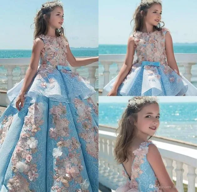 Nova moda princesa vestido de baile meninas pageant vestidos jóia pescoço até o chão flores artesanais crianças vestidos de baile flor menina dresse6556842