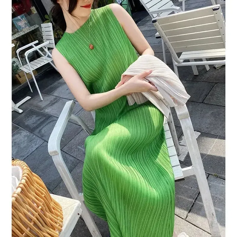 Miyake Pleated Women Dress 2024 Summer Sleeveless Long Classic Korean Fashion Casual Elegant Female LCE Water Blue Beach 240318