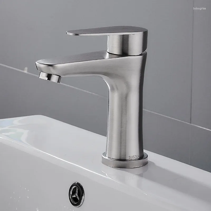 Bathroom Sink Faucets 1PC 304 Stainless Steel Brushed Basin Faucet Small Man Waist Single Handle And Cold Water Tap Deck Mount