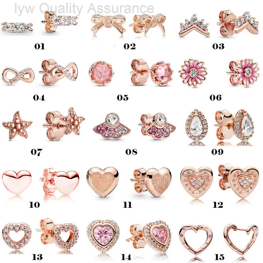 Pen de diseñador Pandoras Pan Jia Tareos Oídos Rose Gold Daisy Peach Blossom Serie Eternal Love Versátiles 925 Pendientes de plata