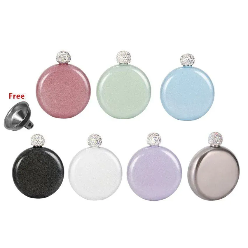 Hip Flasks Portable Glitter Coating 5Oz Flask Stainless Steel Creative Cute Liquor Wine Bottle With Crystal Lids Funnel For Women