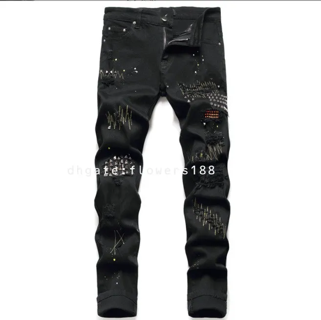 AIM24 Черные мужские джинсы маленькие прямые черные джинсы Мужские слабые надувные джинсы с ногтями ива