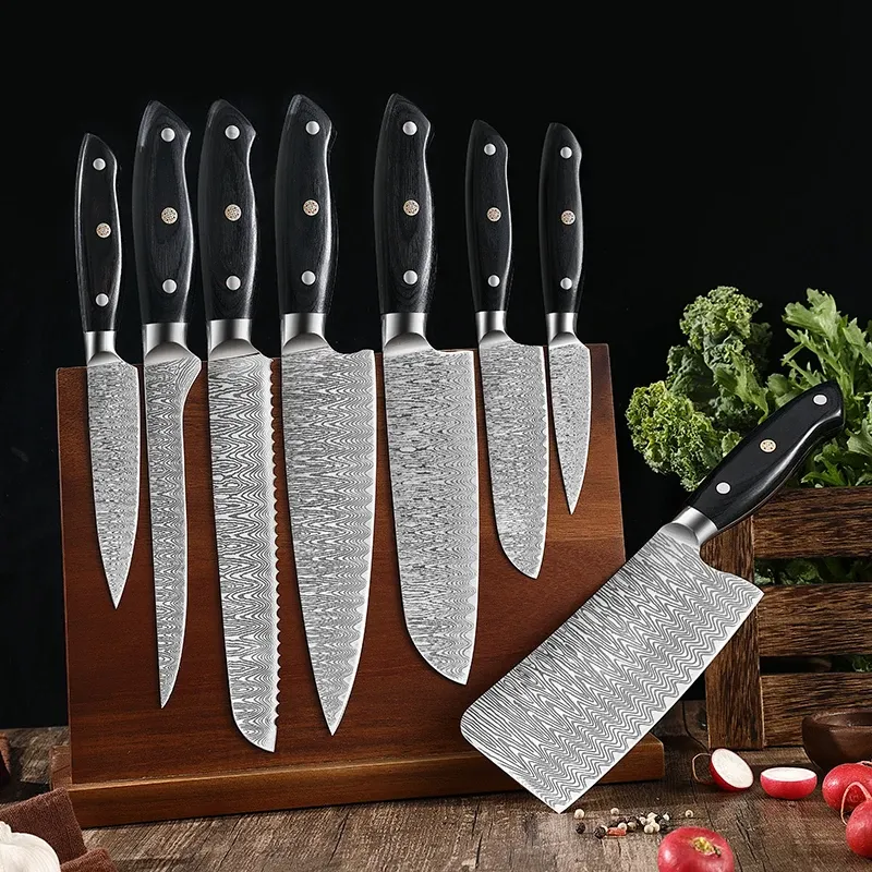 1-8 PCS Conjunto de facas de cozinha Laser Damasco Padrão Faca de chef afiada Santoku Cleaver Facas utilitárias para corte linda ameixa prego cabo de madeira