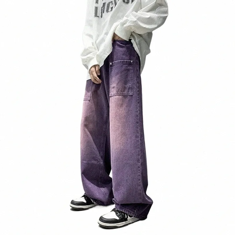 Jeans larges violets pour hommes Ins Fi Hip Hop Denim Pantalons Vintage Pantalons décontractés Streetwear Bas surdimensionnés Mâle Y2K Vêtements 370h #