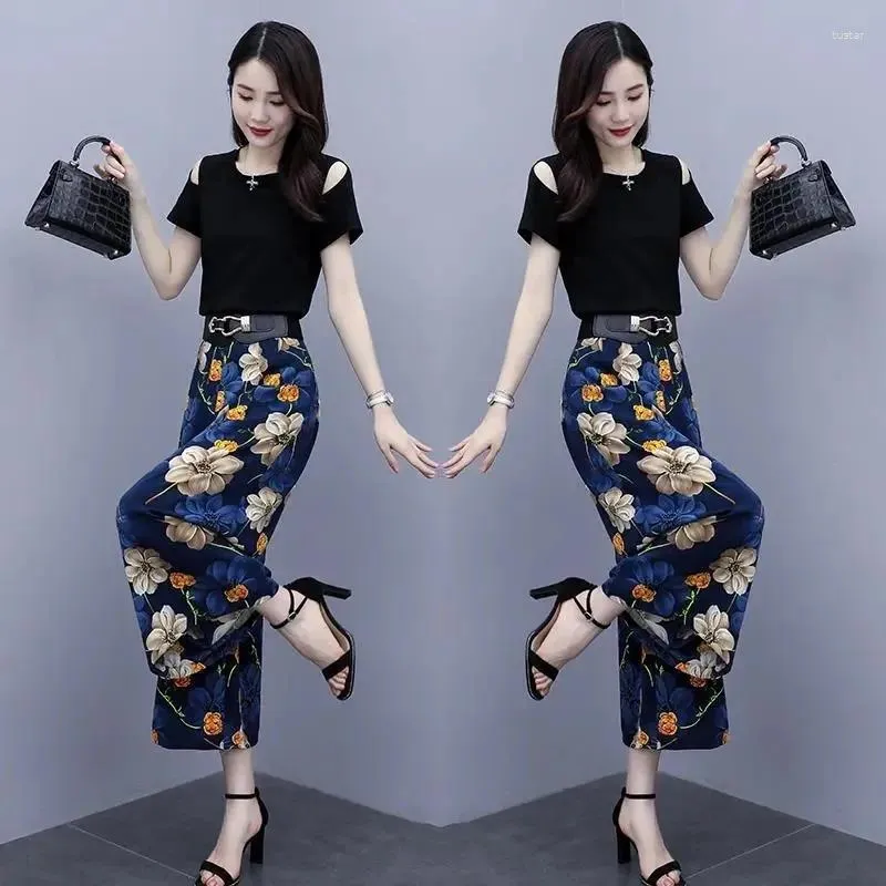 Women's Two Piece Pants Wide Leg Set For Summer Women 2024 Chiffon Loose Versatile Trend Pure Cotton T-shirt Two-piece Female