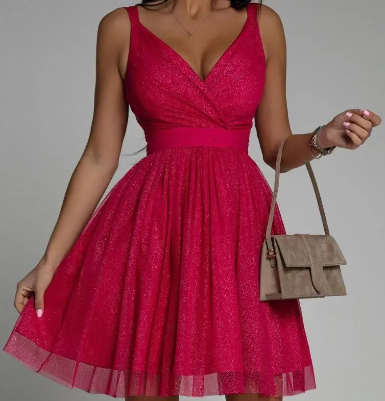 Simple Sparkling A-line V Neck Party Dresses Sweetheart Tulle Mini Homecoming Gown Robe Cocktail Femme Mariage Draped