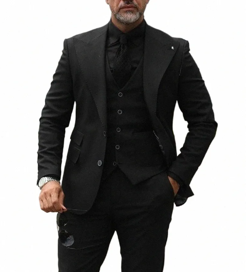 Clássico preto ternos para homens lapela larga formal blazer inteligente bussin calças 3 peça casamento dr traje homme roupas masculinas d6yI #
