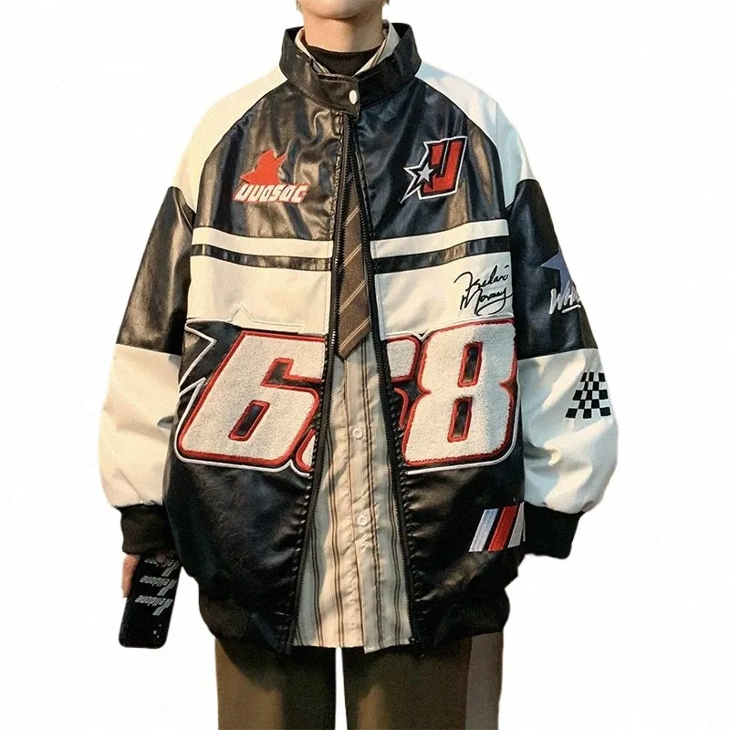 GMIIXDER AMERICAN HIP-HOP RACING COAT MOTELCYCLE LEATHER JACKET MEN'S FLOCKED EMBROIDERYルーズカジュアル風力パンクバイブジャケットT4AG＃