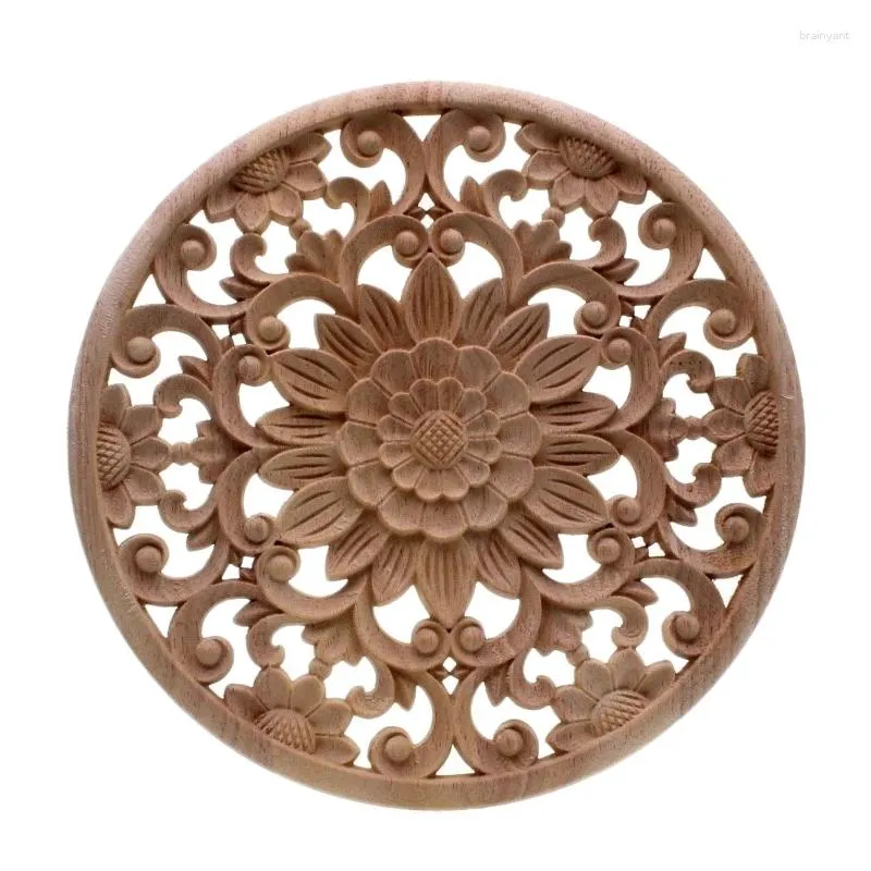 Decorative Plates Carved Flower Carving Round Wood Appliques For Furniture Cabinet Unpainted Wooden Mouldings Decal Figurine15x15x2Cm