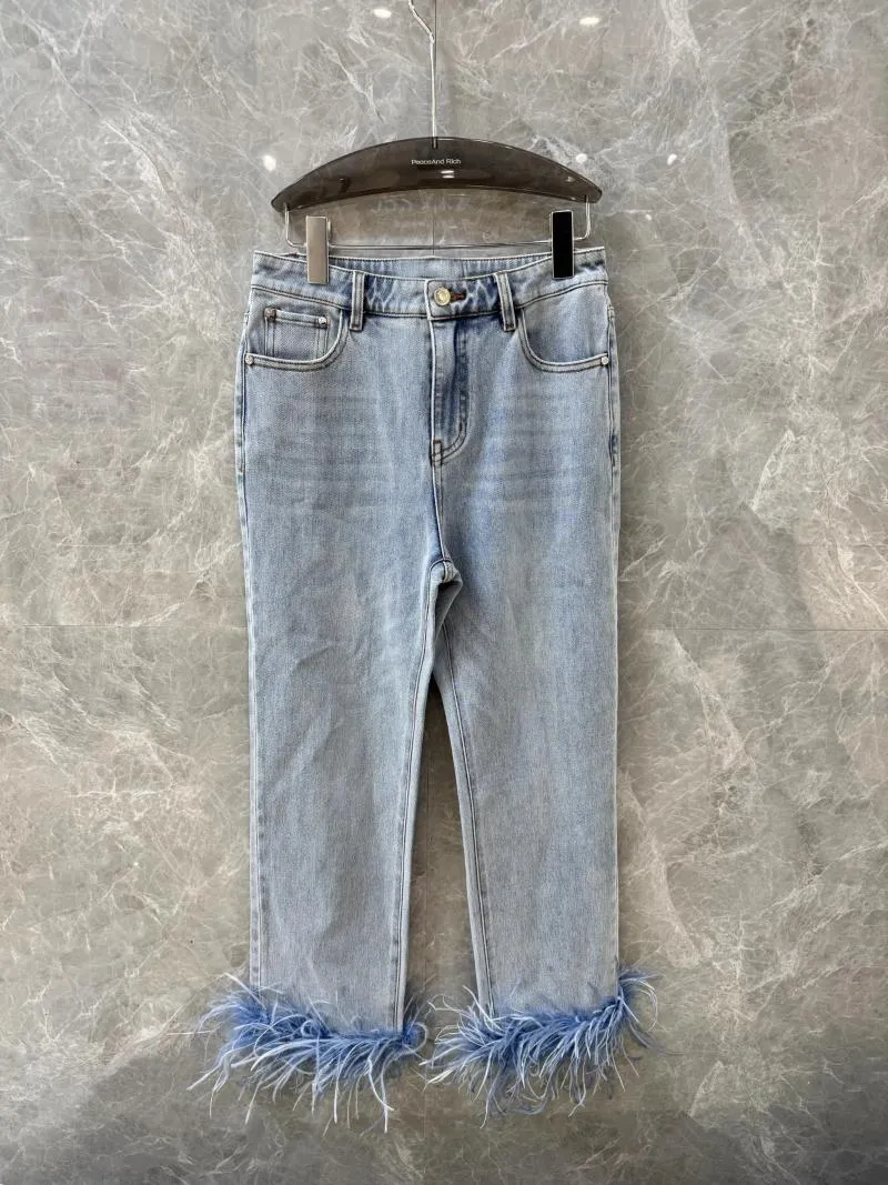 Jeans pour femmes 2024SS Summer Femmes Haute Qualité Plume Droite Femme Chic Cowboy Pantalon Tutu