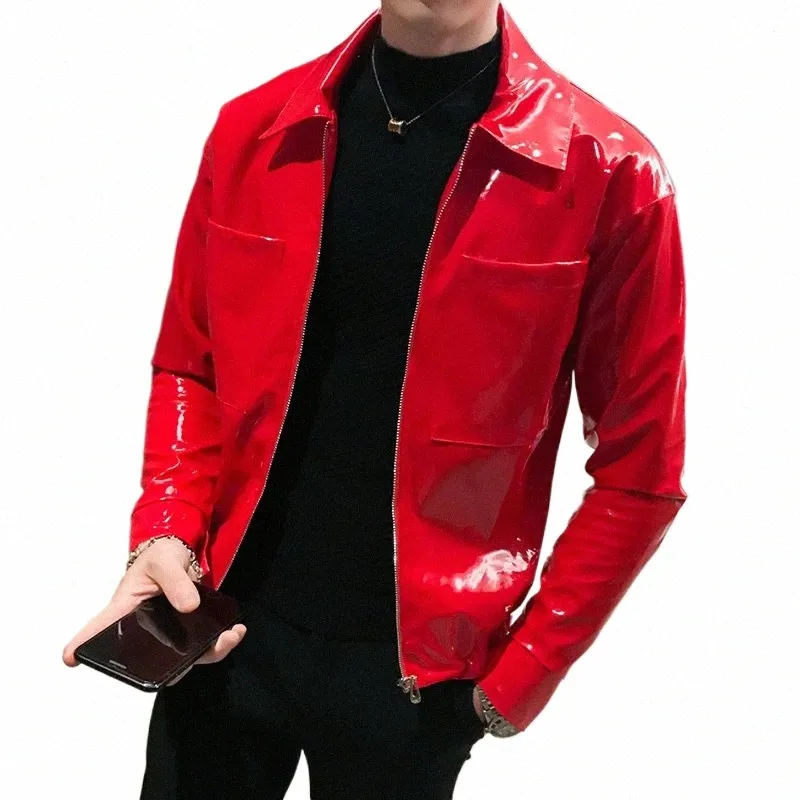 Jaqueta de couro brilhante masculina, traje de palco, vermelho, preto, marrom, boate, clube, jaqueta de couro masculina, cor sólida, slim, jaqueta masculina, casacos I2sa #