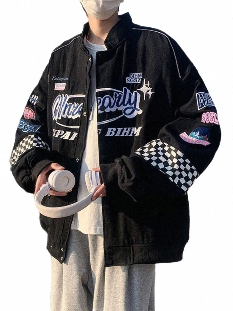 embroidery Fi Streetwear Racer Jackets Men Women Y2K HipHop Motorcycle Plaid Vintage Bomber Harajuku Autumn Jackets Coat H1rz#