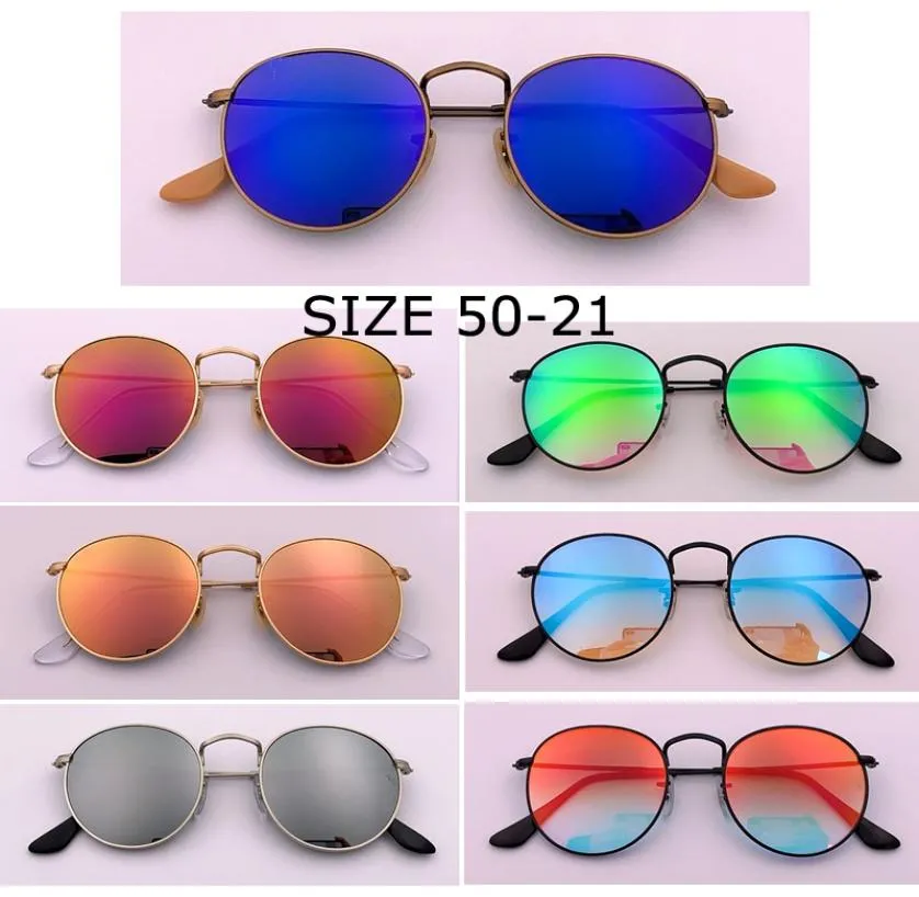 En kaliteli marka tasarımı ayna güneş gözlüğü erkekler için kadınlar sürücü metal daire yuvarlak gölgeler erkek vintage güneş gözlükleri siyah ayna UV404423204