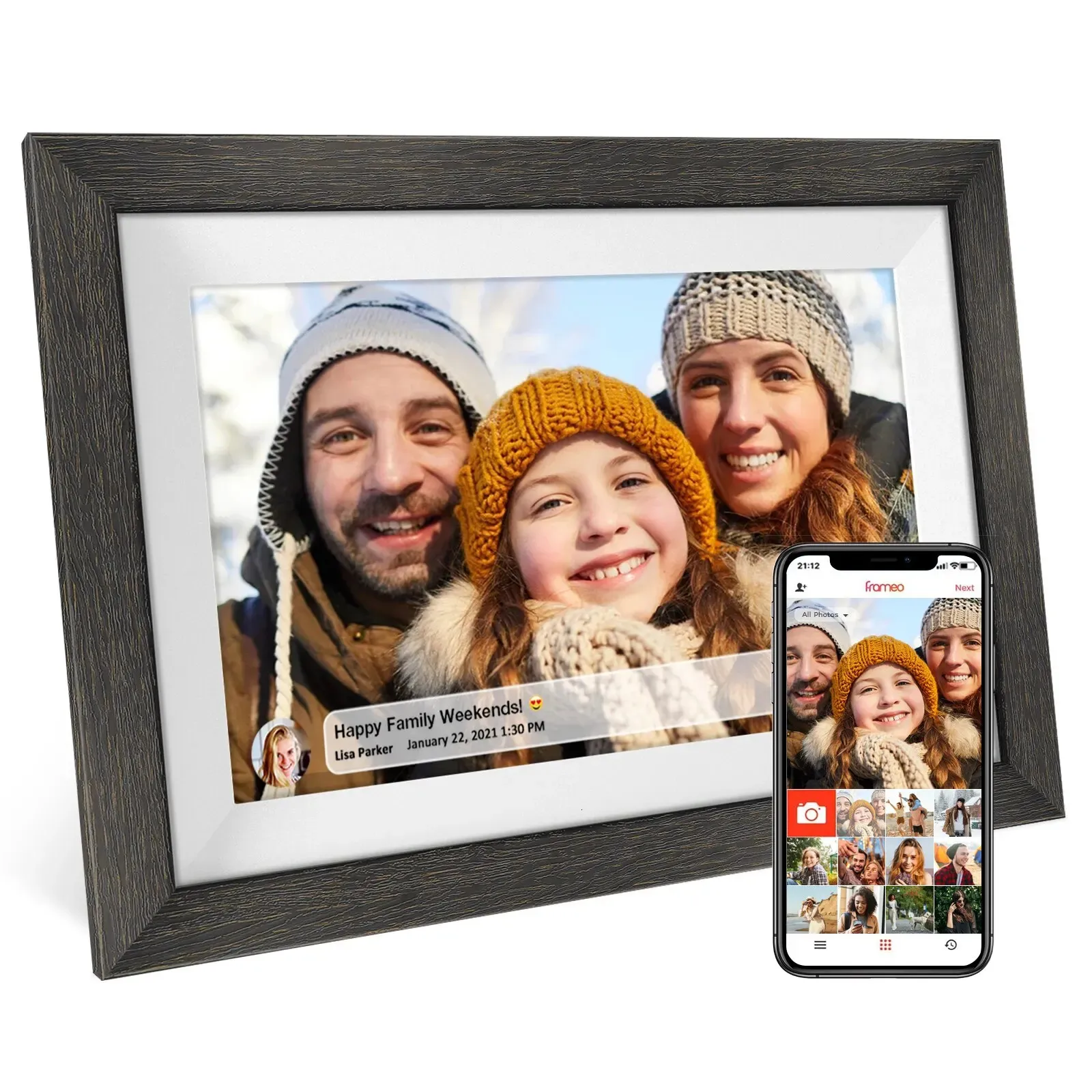 Frameo 32GB mémoire 10.1 pouces cadre photo numérique intelligent bois WiFi IPS HD 1080P cadre numérique électronique écran tactile 240318