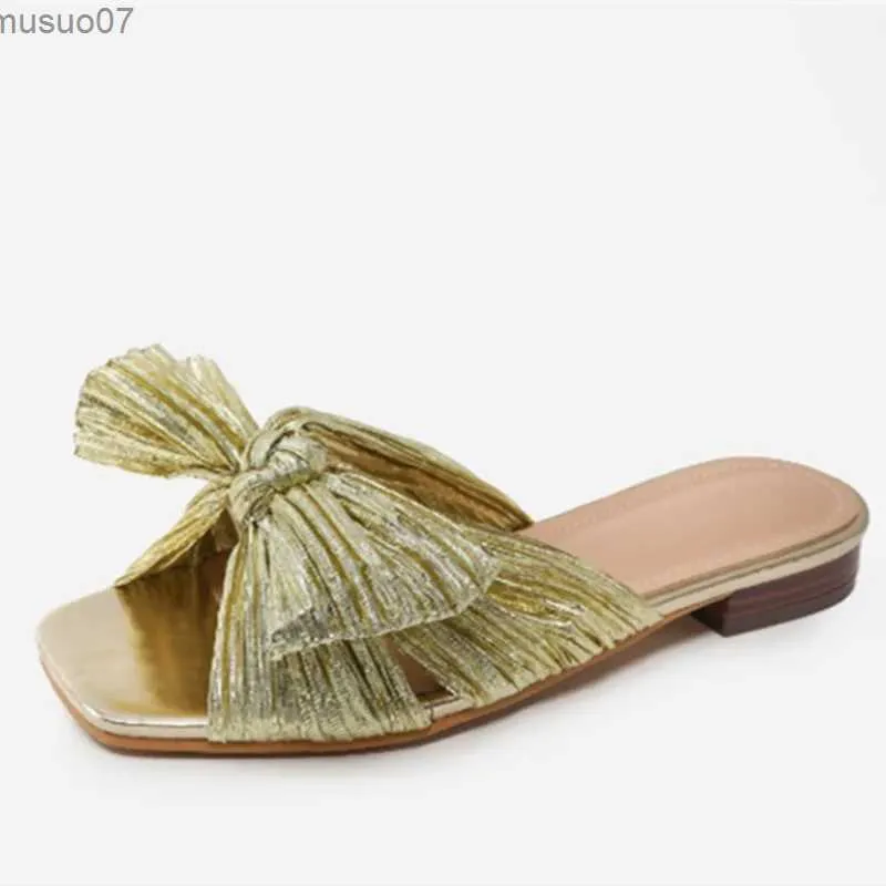 Sandalias para mujer Diseñador Zapatos de talla grande 42 43 Oro Champán Seda Teñida Diapositiva Frente Abierto Punta de madera Textura Talón Diapositiva con lazoL2403