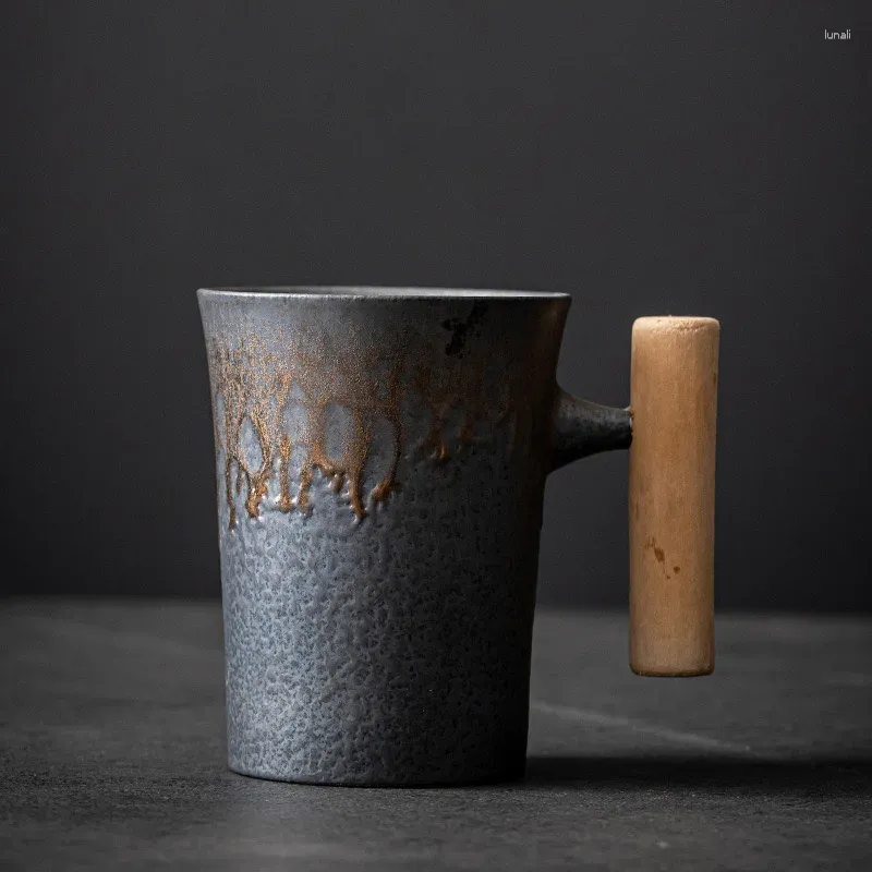 Чашки и блюдца, 1 шт., кружка в китайском стиле в стиле ретро с деревянной ручкой без ложки, домашняя керамическая чашка для чая, ручная работа, офисный кофе