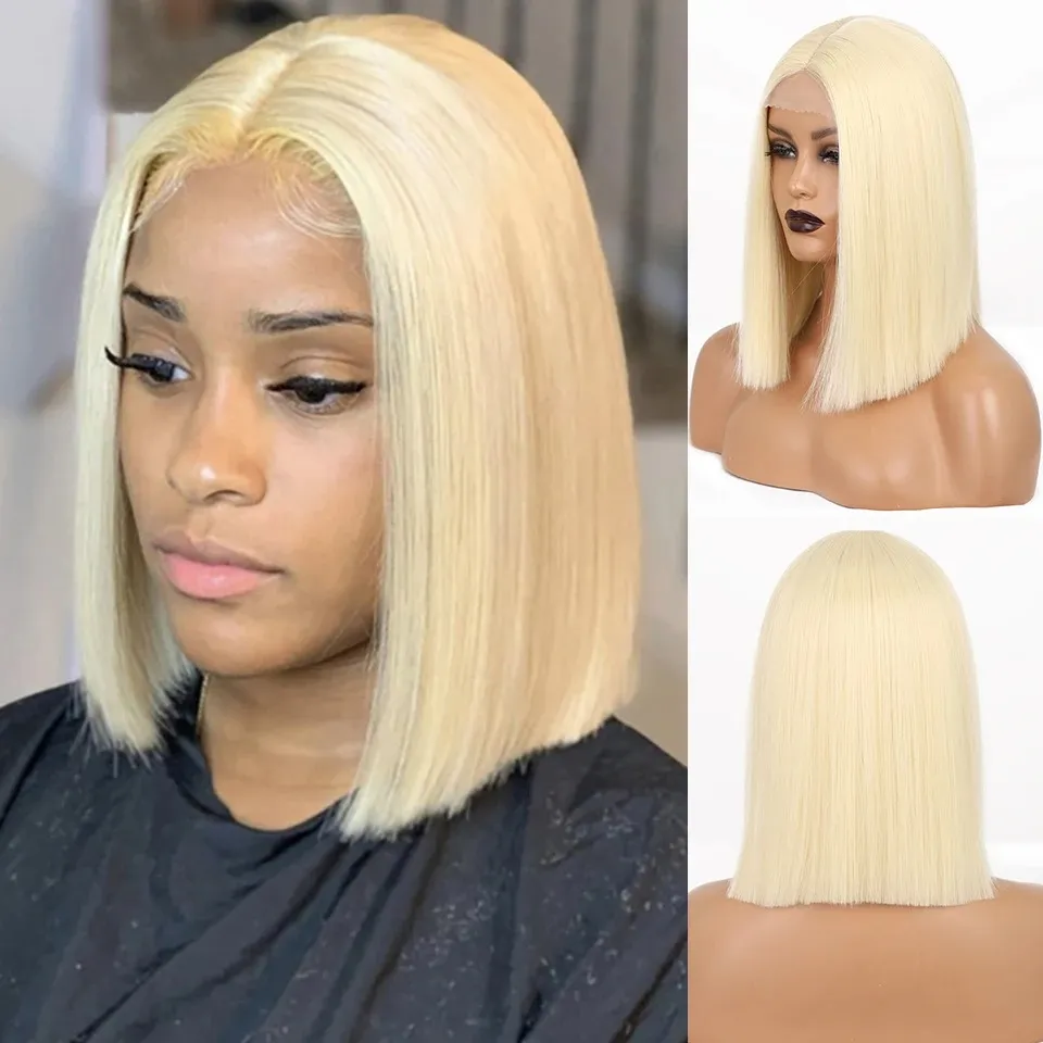 Perruque Lace Wig synthétique Hd, perruque Bob courte et lisse avec raie centrale, reflets blonds, roses, oranges, cheveux de Cosplay pour femmes