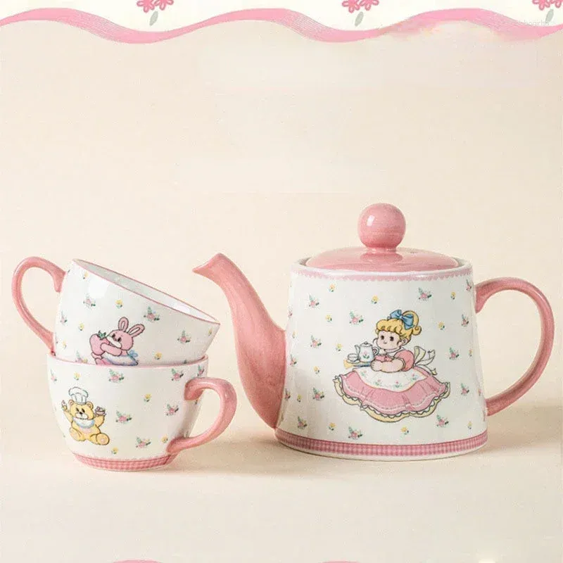 Tazze Piattini Ragazza Cartone Animato Teiera Set Tazze Da Caffè In Ceramica Rosa 2 E Pentola Per Un Amico Regalo Di Compleanno Pittura Premium Tè Artigianale