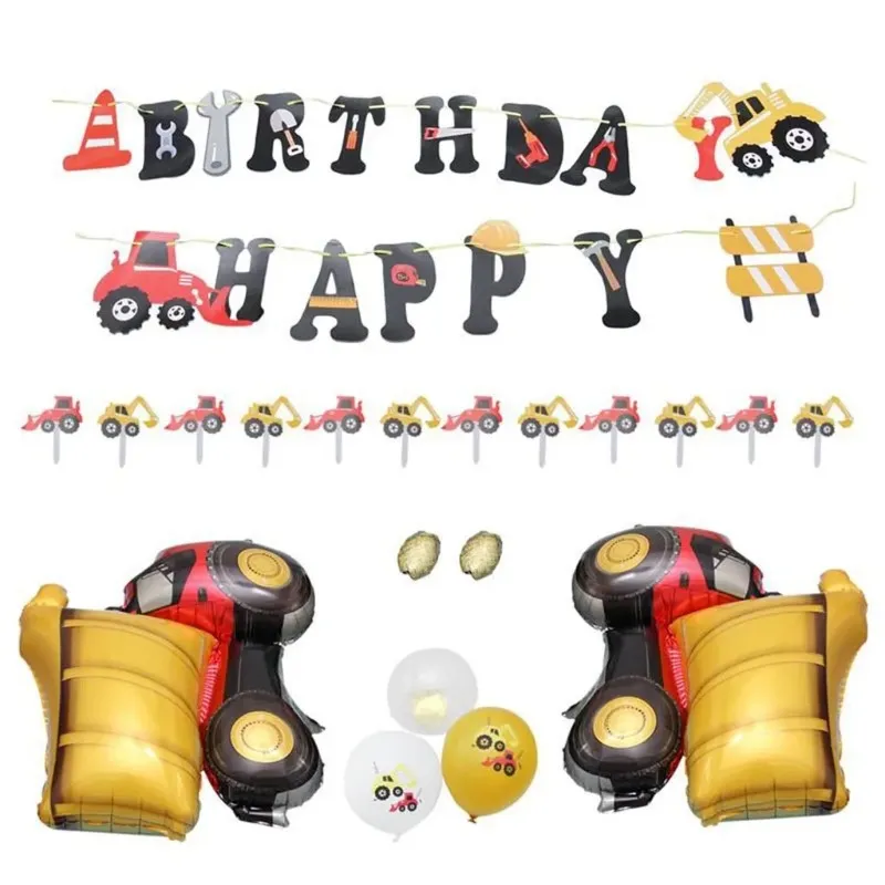 NEW Happy Birthday Party Decoration Balloons Banner Party Supplies Construction Vehicle Fire Truck Print Foil Balloons Accessories