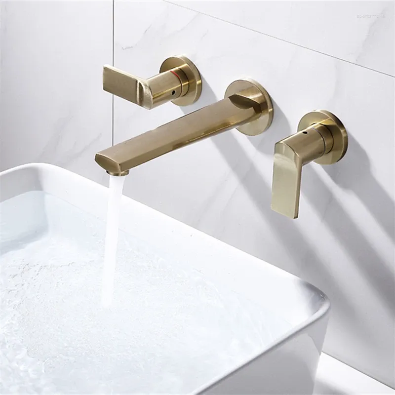 Torneiras de pia do banheiro escovado torneira de bacia de ouro generalizada misturador montado na parede e torneiras frias de 2 alças