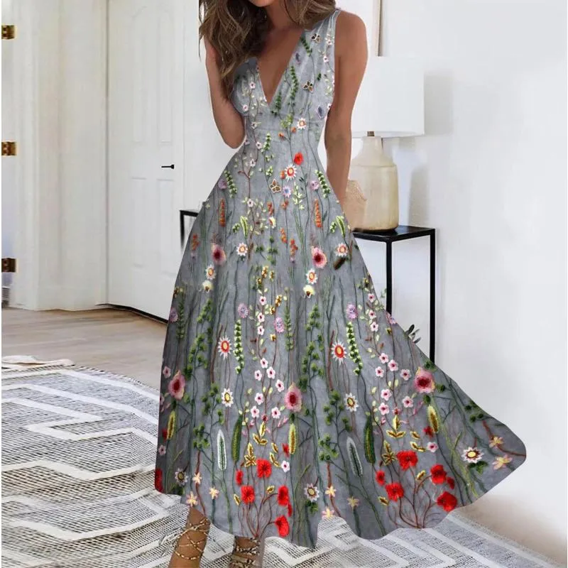 Freizeitkleider Damen Slip-Kleid Frühling/Sommer 2024 Elegant V-Ausschnitt ärmellos Maxi Stilvoll und Cocktail-Jacke für Damen