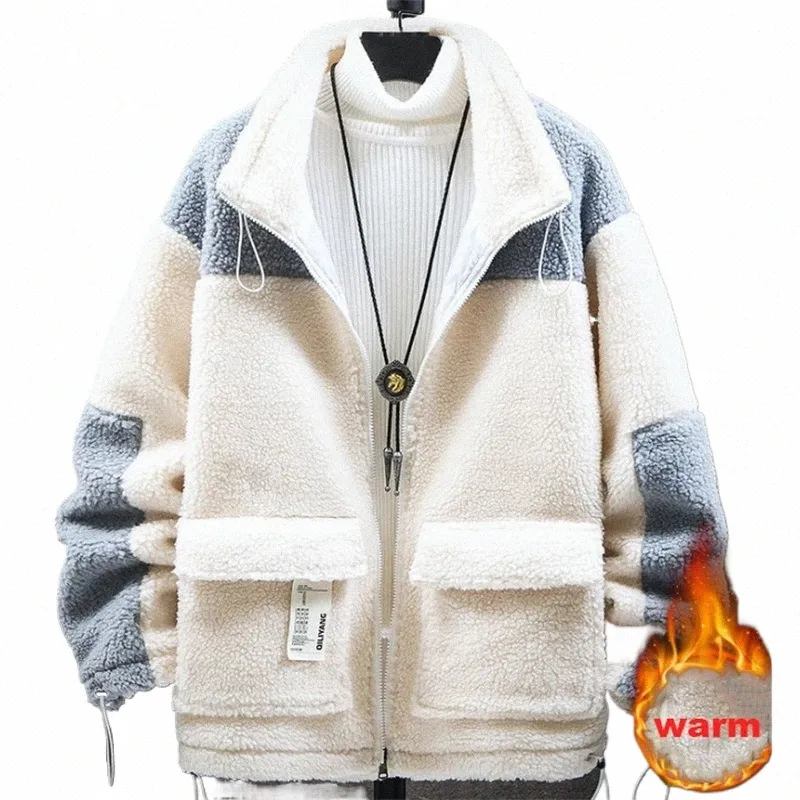 男性ラムフリースジャケット秋冬2022年新しい暖かいストリートウェアコンフォートスタンドカートカート大サイズのメンズルーズポケットコートr9tc＃