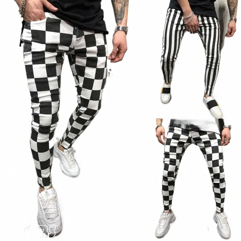 hirigin 2019 New Men's Summer Fi Slim Comfortable Striped Plaid Black White Casual Pencil Pants Men Clothes 99yf#