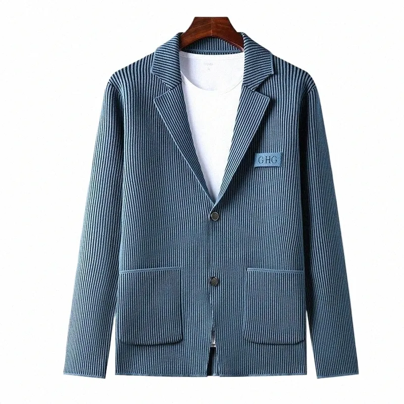 top Grade New Brand Casual Fi Slim Fit Striped Blazer Jacket Smart Elegant Stylish Knitted Suit Men Coat Mens Clothes 2023 48K3#