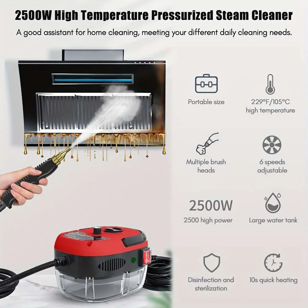 Nettoyeur à vapeur portable 2500 W, machine de nettoyage sous pression à haute température pour cuisine, meubles et salle de bain, comprend des têtes de brosse – Prise américaine