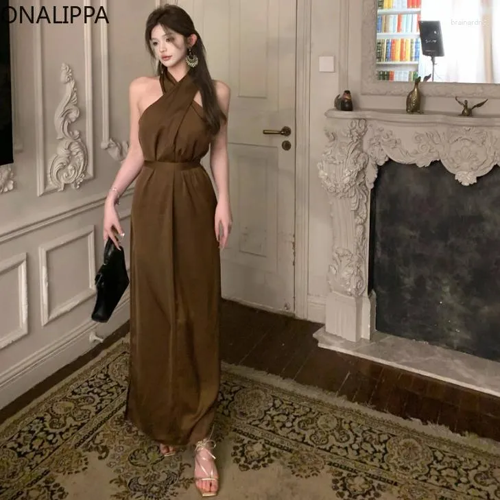 Casual Dresses Onalippa Halter Off-shoulder Maxi Dress Celebrity Style Solid Evening Korean Chic Back Bow Lace Up Hip Vestidos Women