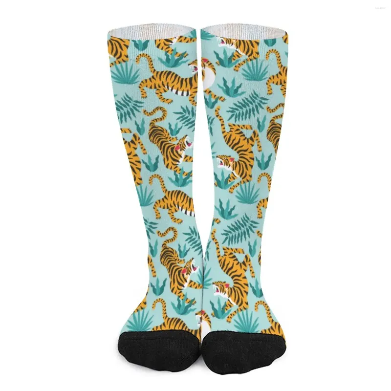 Женские носки с изображением зеленого тигра, татуировки, художественные чулки с животным принтом, графический готический весенний, антибактериальные, мягкие для девочек, скейтборд