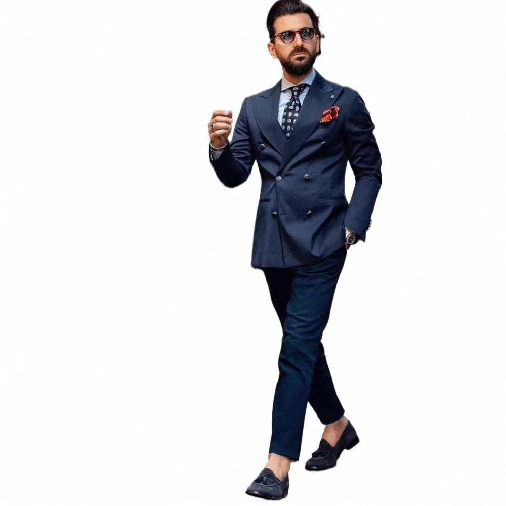 2023 NOWY MĘŻCZYZNA SUTITS BLUE PAITED LAPEL BUSIN Casual Formal Costume Homme Podwójne piersi Slim Fit 2 szt. Set Pants C0d6#