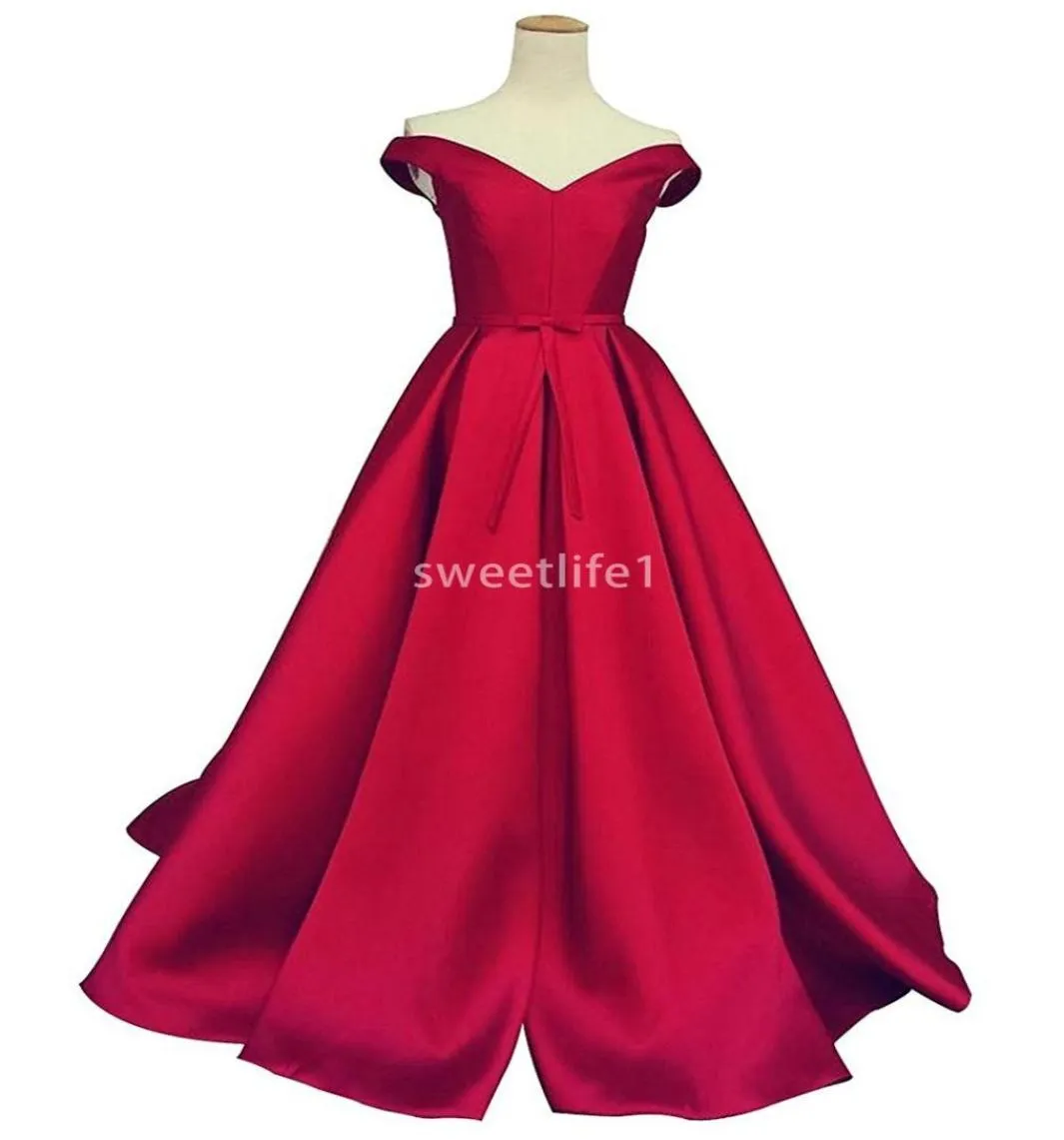 2019 Schulterfreies Ballkleid aus rotem Satin, A-Linie, Sweep-Zug, Korsett-Rücken, Dubai, arabischer Stil, formelles Abend- und Partykleid9201888