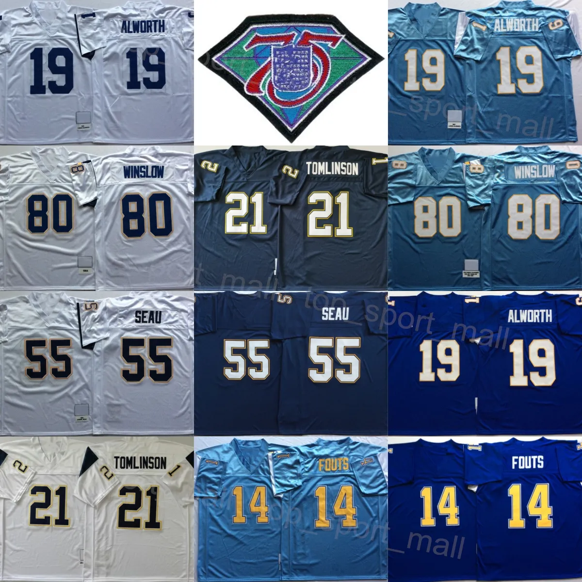 1987 1984 Retro Football 14 Dan Fouts Jersey 75th Anniversary 55 Junior Seau 19 Lance Alworth 80 Kellen Winslow 21 Ladainian Tomlinson Men Vintage Stitched Team