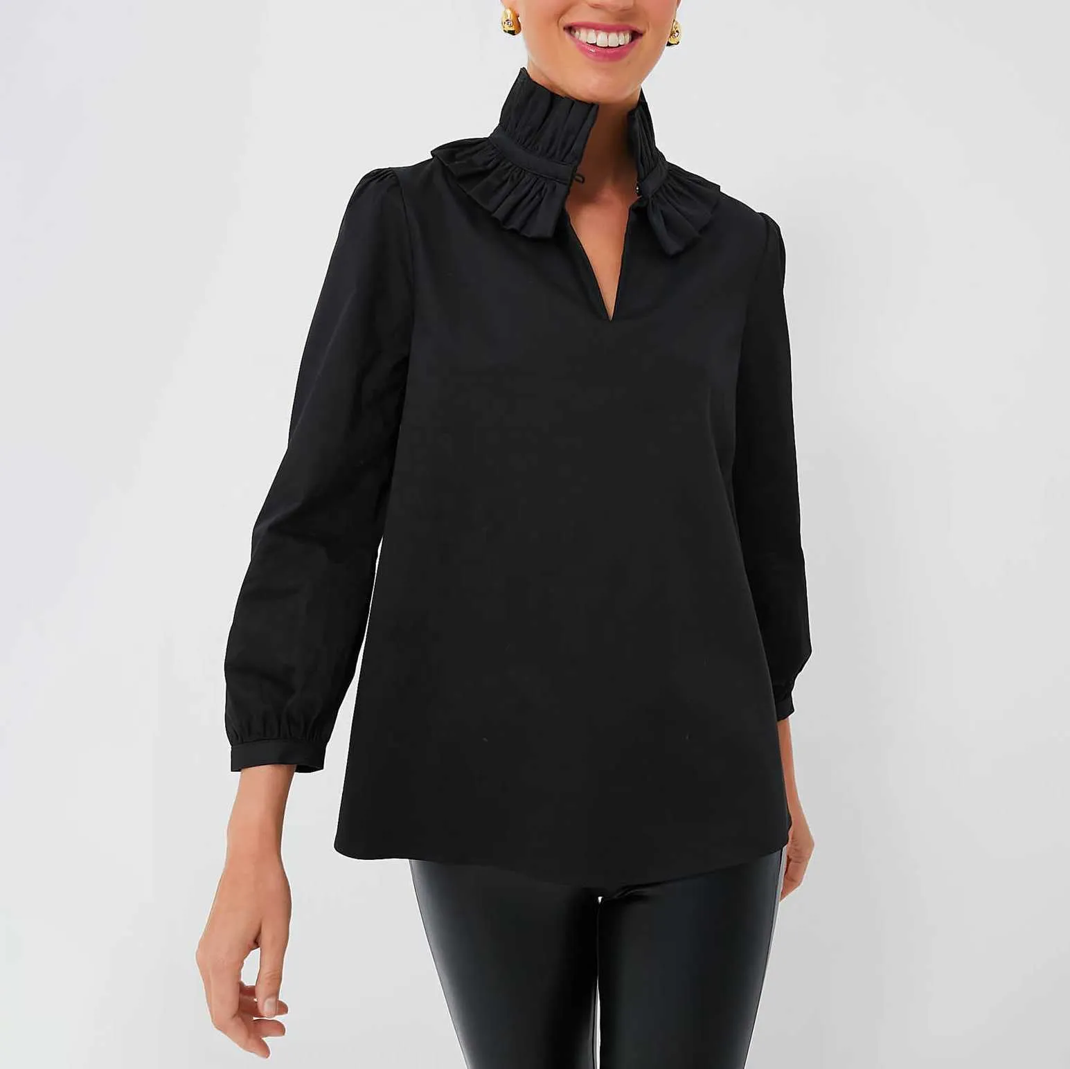 Designer personalizado das mulheres outono camisa preta plissado pescoço gola alta botão elegante feminino três quartos manga blusa casual