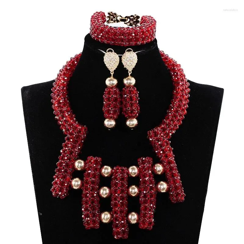 Necklace Earrings Set Trendy African Chunky Fantastic Burgundy Wine Bib Beads Bridal Statement Crystal For Women ABH572