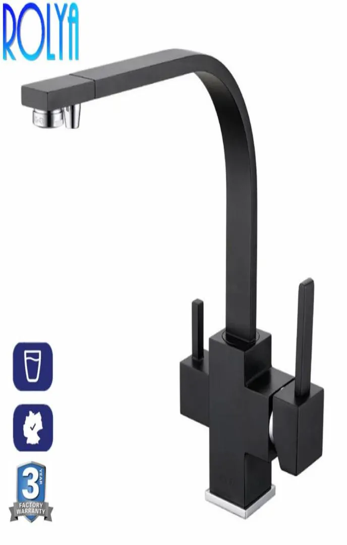 Rolya square matte Black Kitchen Faucet brushedchrometri تدفق بالوعة الخلاط النحاس التناضح 3 طريقة مرشح الماء TAP6923878