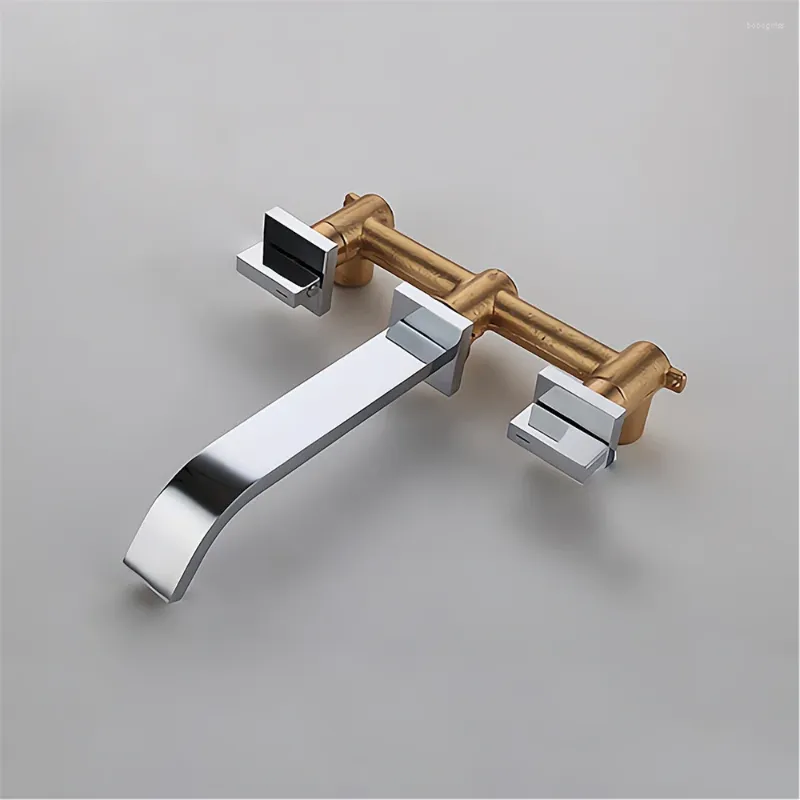 Bathroom Sink Faucets Wall Mounted Double Handle Water Mixer Tap Chrome Brass Vanity Faucet