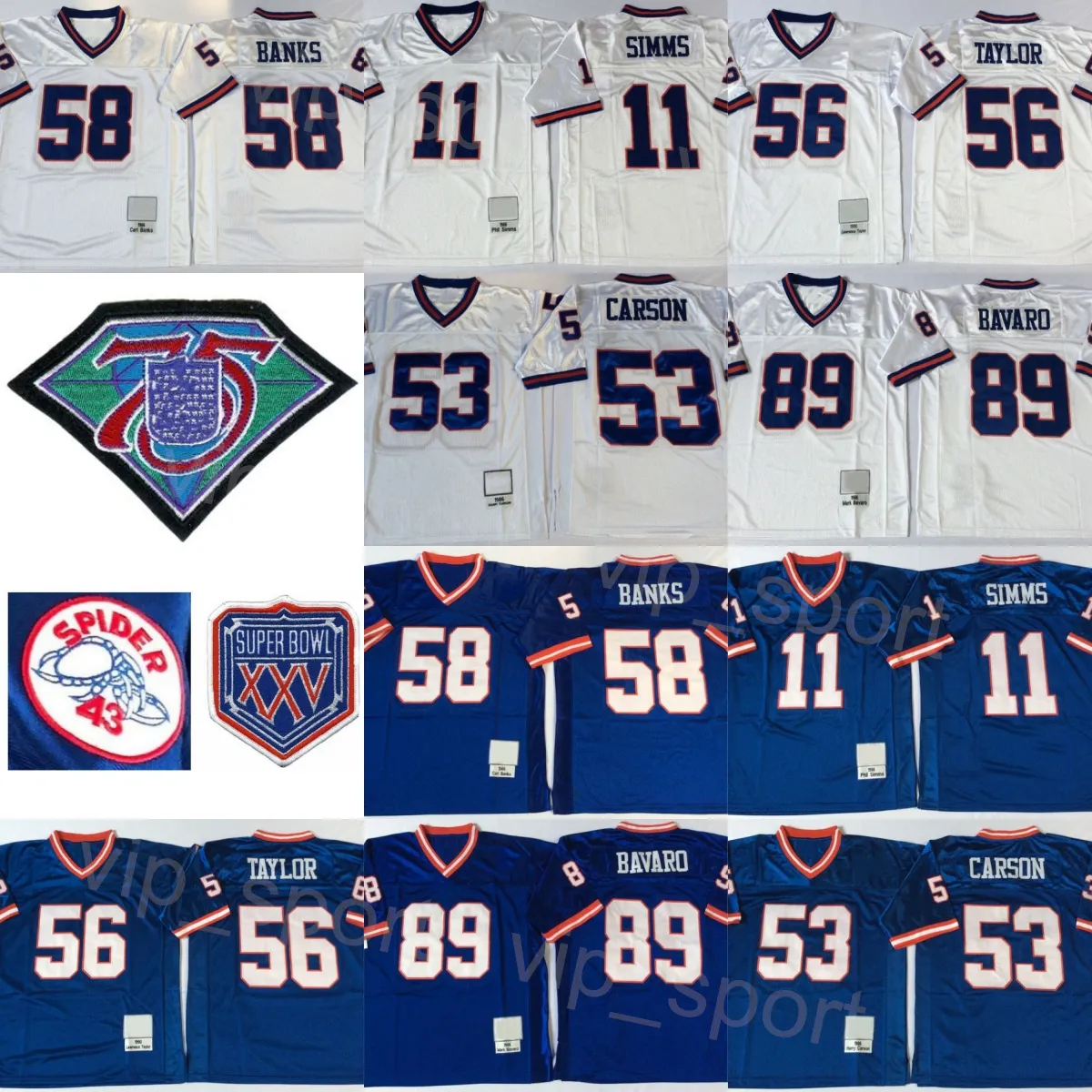 1986 XXV 1990 Retro Football 11 Phil Simms Jerseys 43 Spider 53 Harry Carson 58 Carl Banks 56 Lawrence Taylor 89 Mark Bavaro 75th Anniversary Man Vintage Blue White