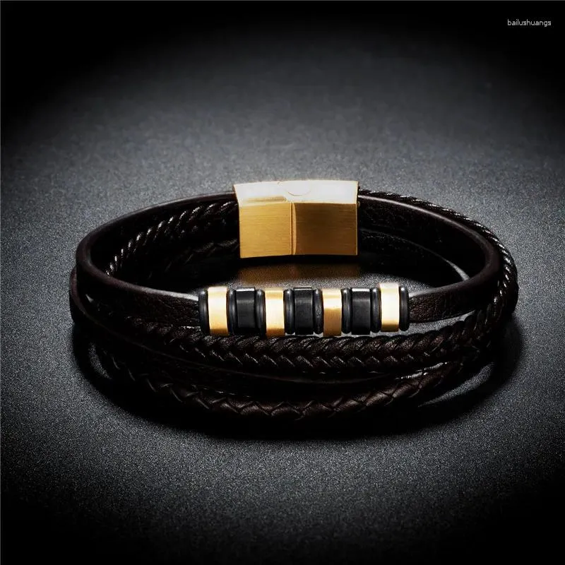 Charme pulseiras liquidação venda homens jóias genuíno couro multicamadas de aço inoxidável fecho magnético na moda preto corda corrente pulseira