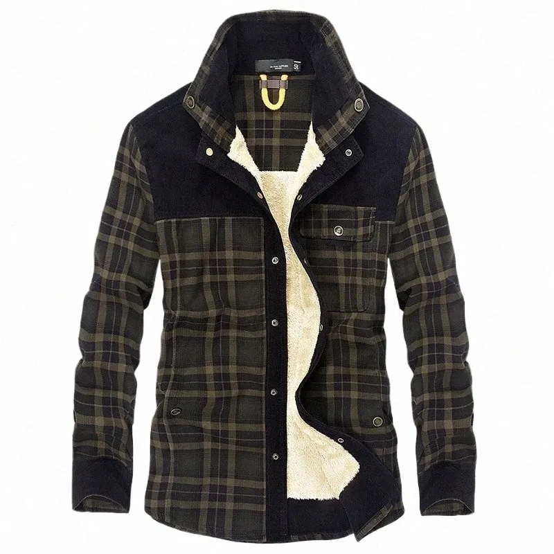 Vinterjacka män förtjockar varma fleece-skjortor rockar 100% Cott Plaid flanelljacka Militära kläder Chaquetas Hombre Size M-4XL S1XV#