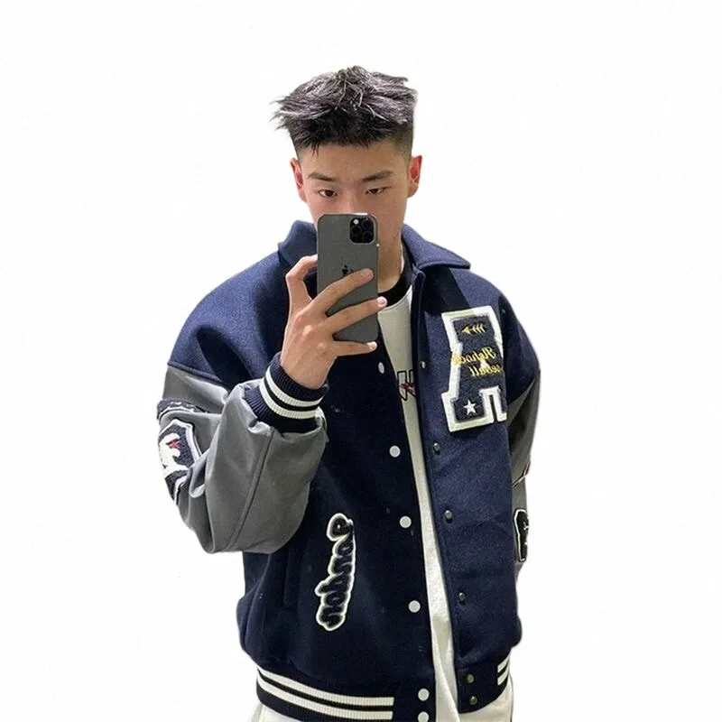 High Street Bomber Jacket Men Woman Letter Brodery Leather Sleeves Patchwork Baseball Uniform Coats Hip Hop Retro Outwear New 99Tp#