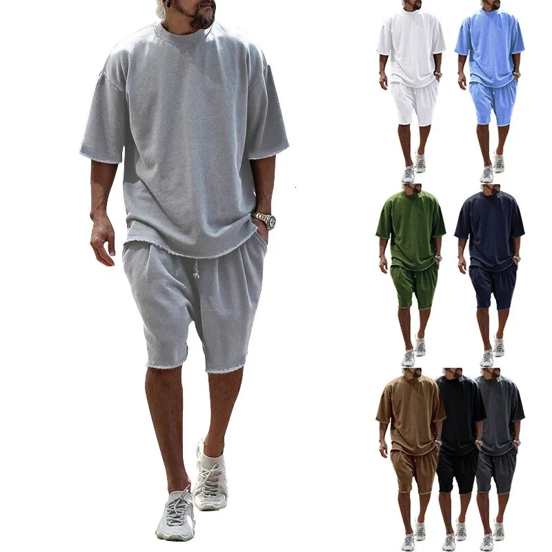 Summer Mens Solid Color Loose Fiting Tracksuits Casual Short Sleeved Tshirt Shorts Pants Two Piece Set Fashion Suit 240321