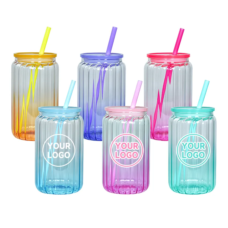 Sublimation 16oz Striped Colored Glass Can with Lids Tumbler Shape Bottle with Lid and Straw Drinkware Mason Jar Juice Cup Z11