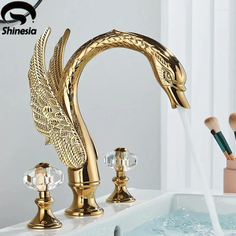 Banyo lavabo muslukları lüks altın kuğu şekli havza musluk çift kristal sap güverte montaj mikser musluklar yaygın soğuk su valfı