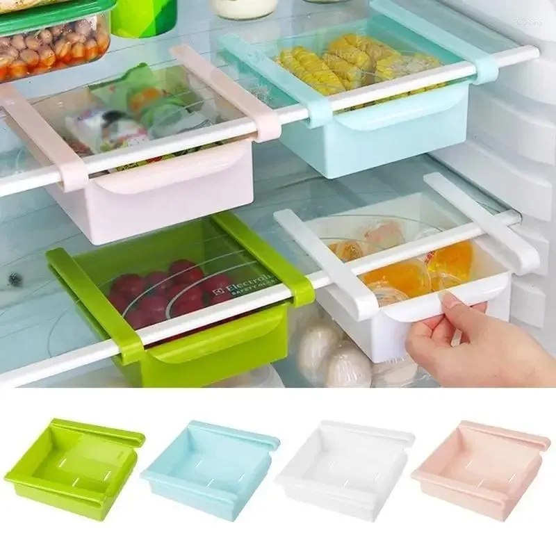 Garrafas de armazenamento slide cozinha geladeira freezer espaço saver organizador rack prateleira titular geladeira caixa recipiente alimentos