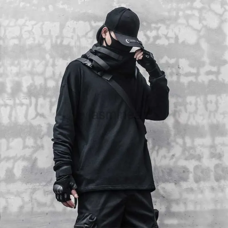 Herrtröjor tröjor trendig manlig japansk stil samurai mörk svart funktionell vind fisk mun hoodie hoodie mens casual cyberpunk hooded jacka 24328