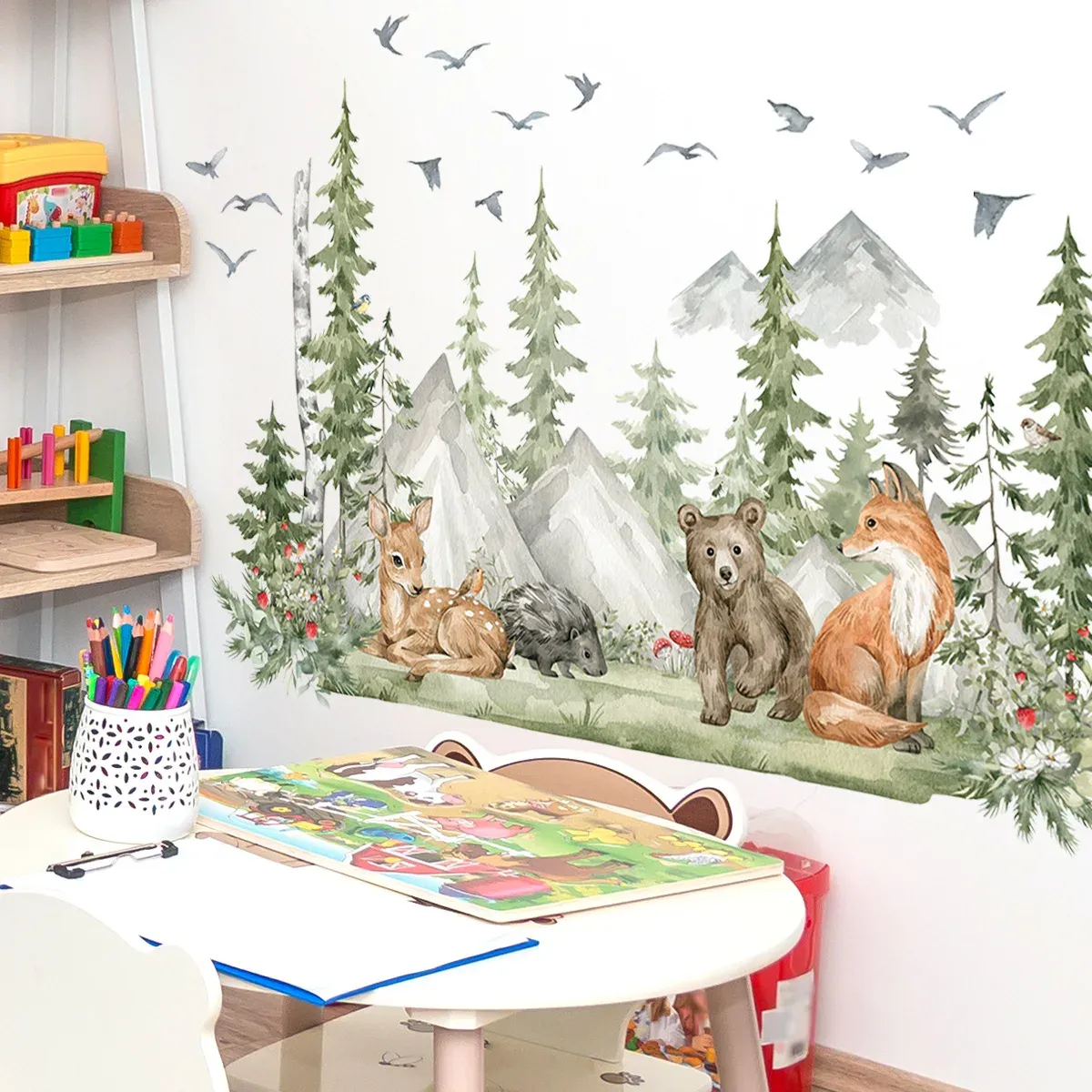 Stickers Forest Animals Mountain Green Tree Flying Bird Wall Stickers for Kids Room Nursery Kindergarten Decration Wall Decal