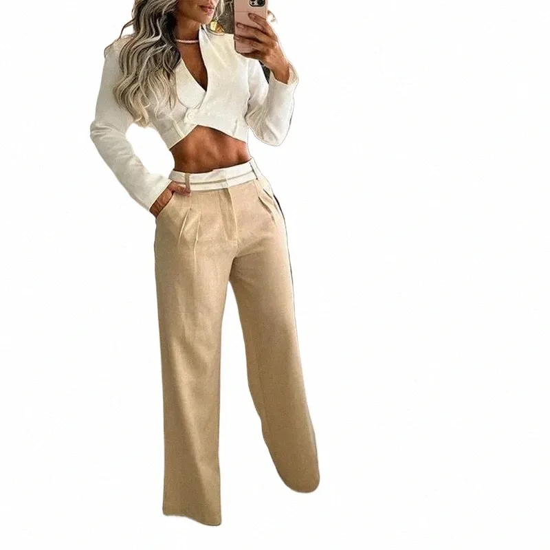 Wefads 2 -stycken Set Women Office Casual Solid Laple LG Sleeve High midjan Single Butt Shirt Loose Wide Ben Pants Set Set Female L8FP#