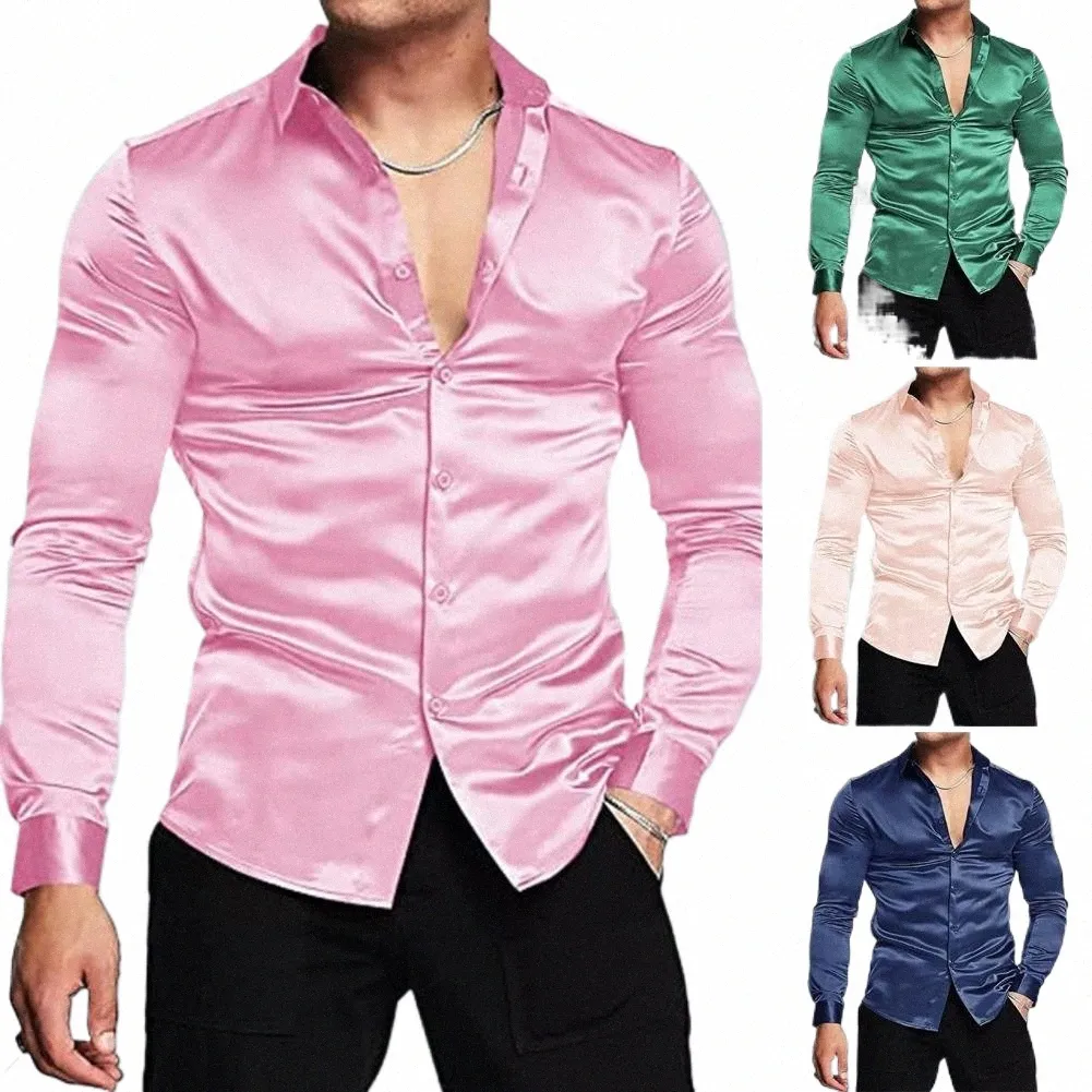 Rosa de seda cetim luxo dr camisa dos homens 2023 nova magro lg manga smoking camisa masculino casamento clube festa dança baile camisas o4rr #